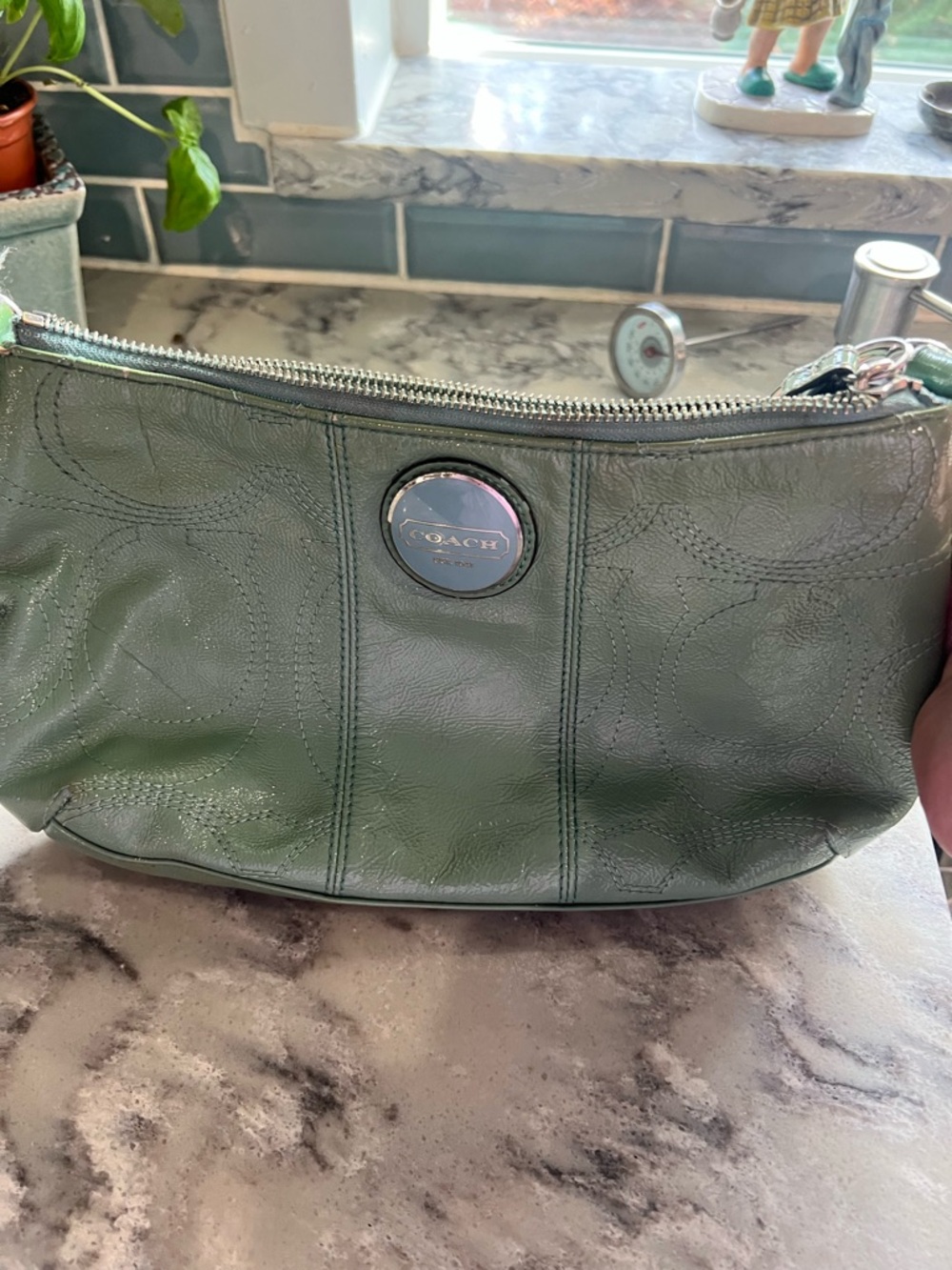 Coach Green Leather Wristlet with Signature Stitching